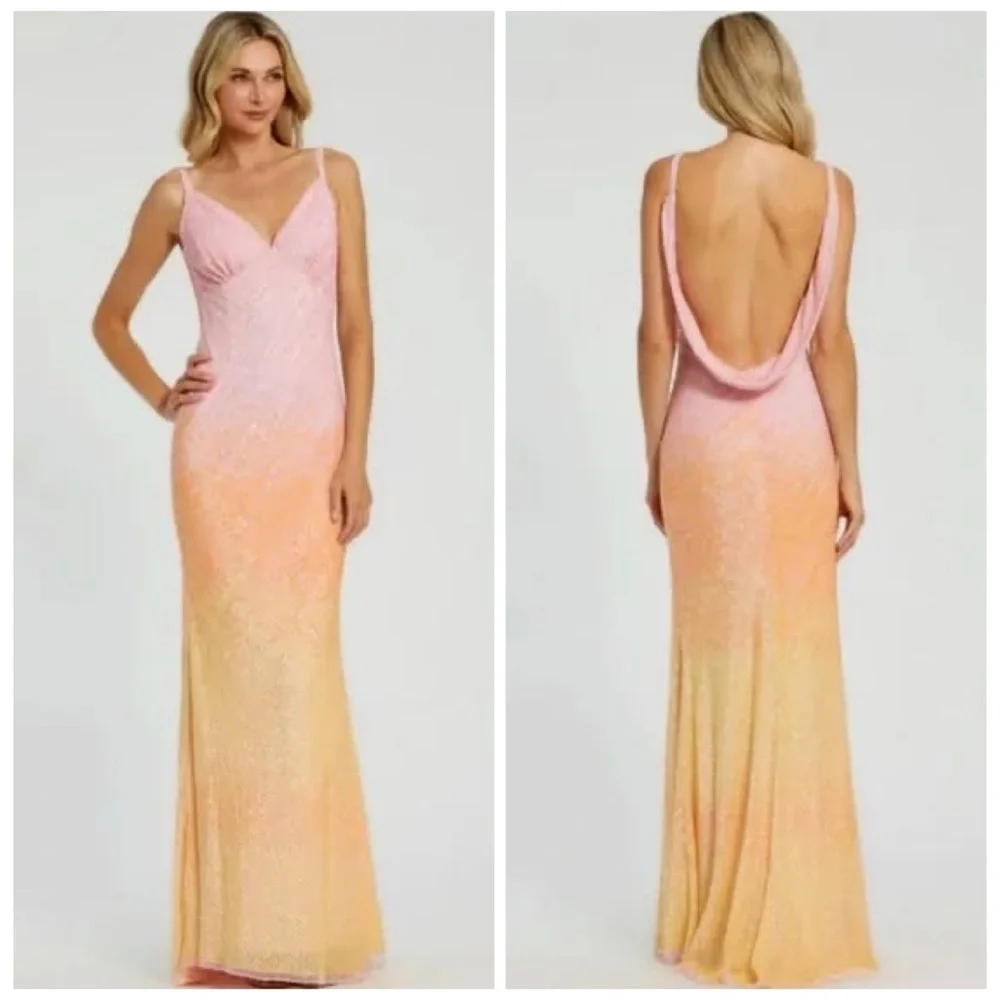 SOLD Mac Duggal 5763 Sunset Ombre Pink Sequin Open Back Maxi Gown Dress Size 8 - Picture 2 of 16